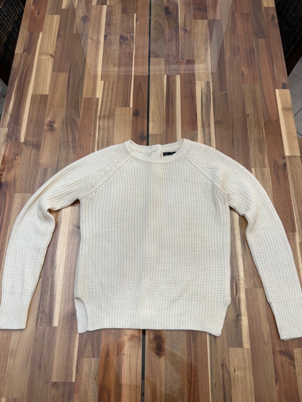 Zara Knit Sz M Cream Knit Pullover Sweater Button Down Back Crew Neck Winter